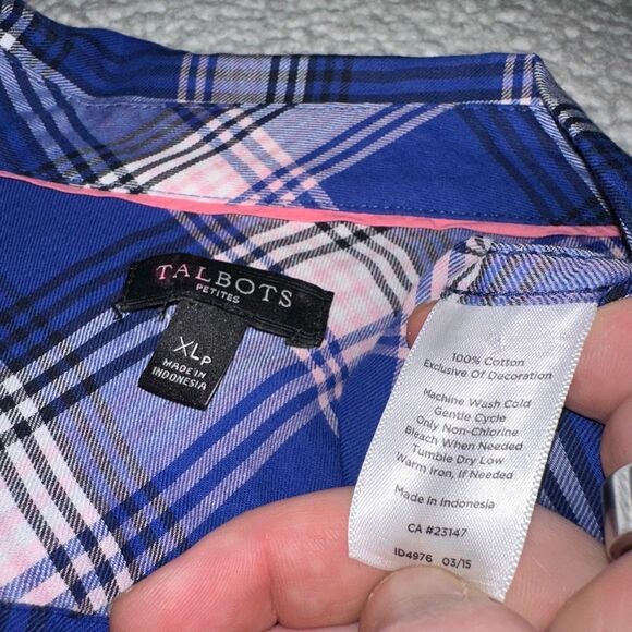 Talbots Petite XLP Collared LS Button Womens Down Shirt Blue Pink Plaid EUC - Picture 6 of 11